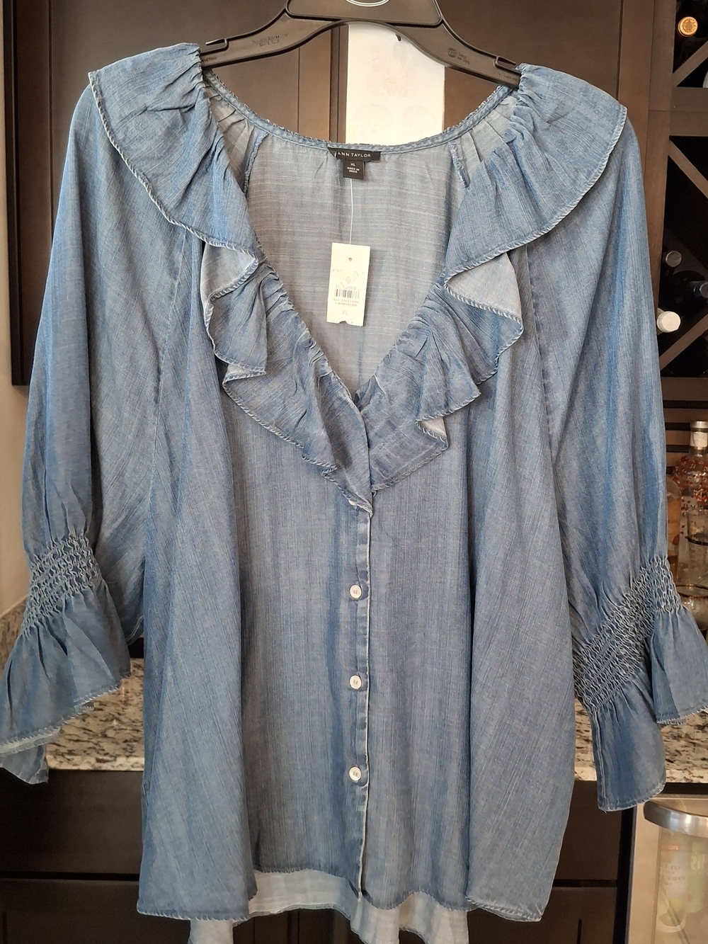 Ann Taylor Light Blue Ruffle-Trim Button Front Blouse